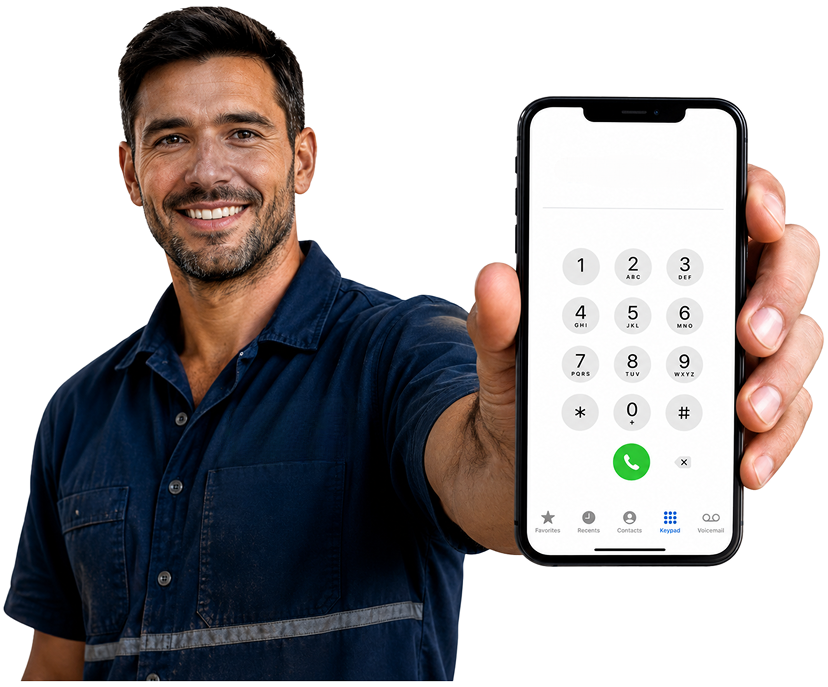 Forest Lodge Blocked Drains plumber holding a phone — call 1300 261 965