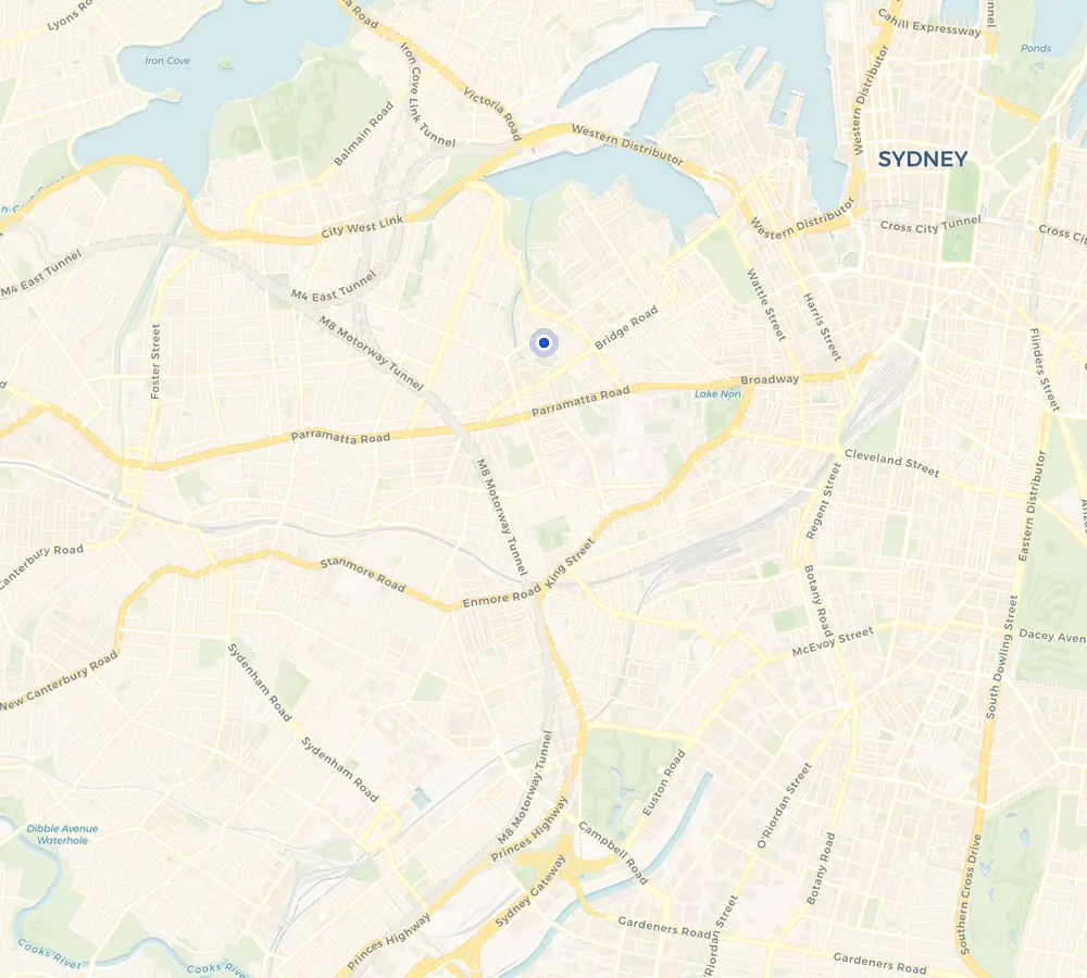 Map of the Forest Lodge service area and the surrounding Inner West, showing Forest Lodge and the nearby streets we cover.